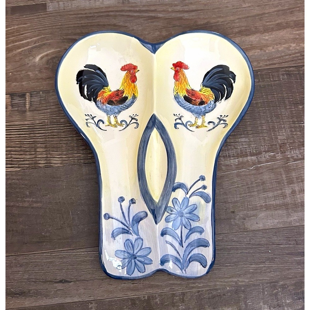 Blue Rooster Hand Painted Ceramic Double Spoon Rest Rooster White/Blue Multi